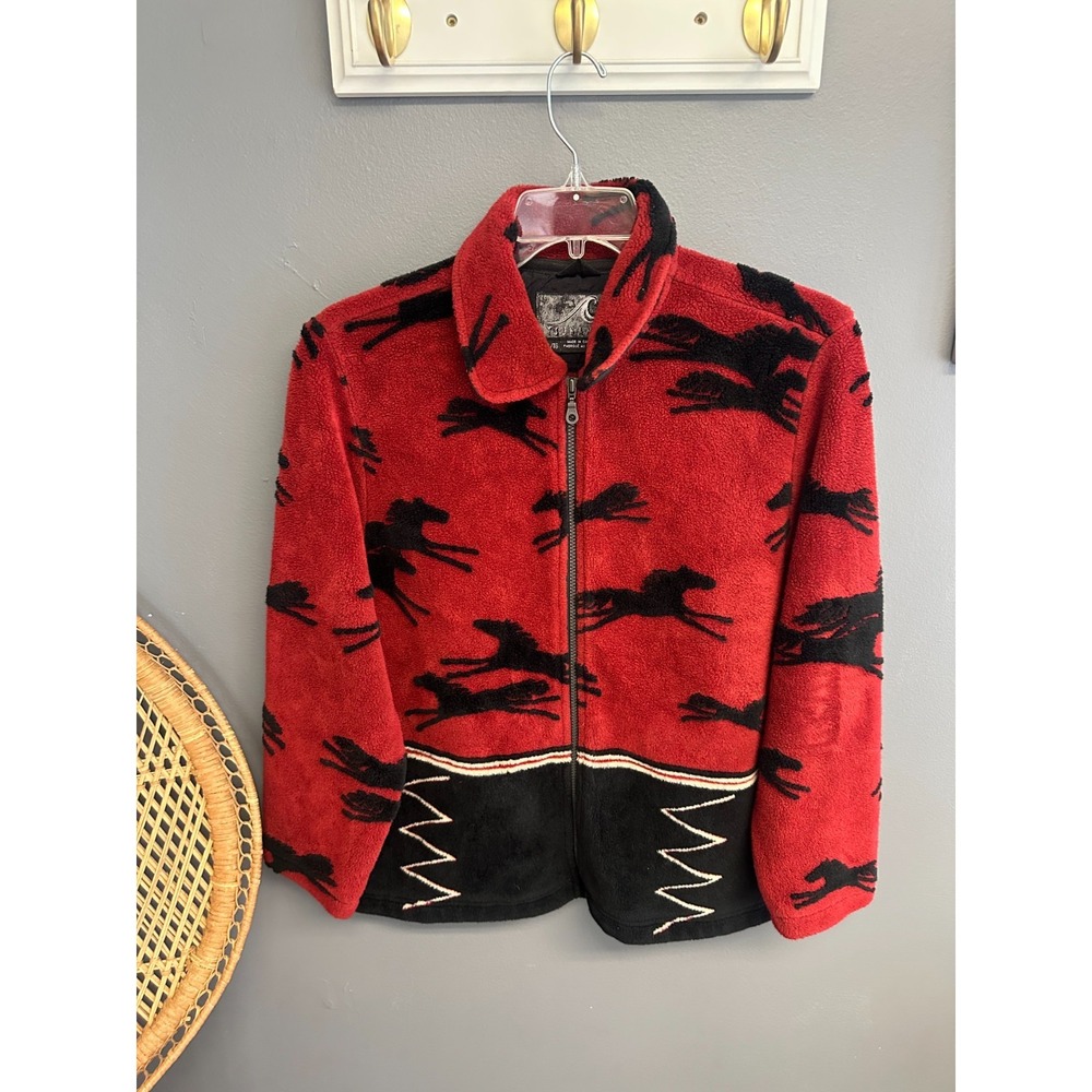 Vtg Tsunami Fleece Jacket Womens Size XL Red Southwestern Aztec Horses Full Zip